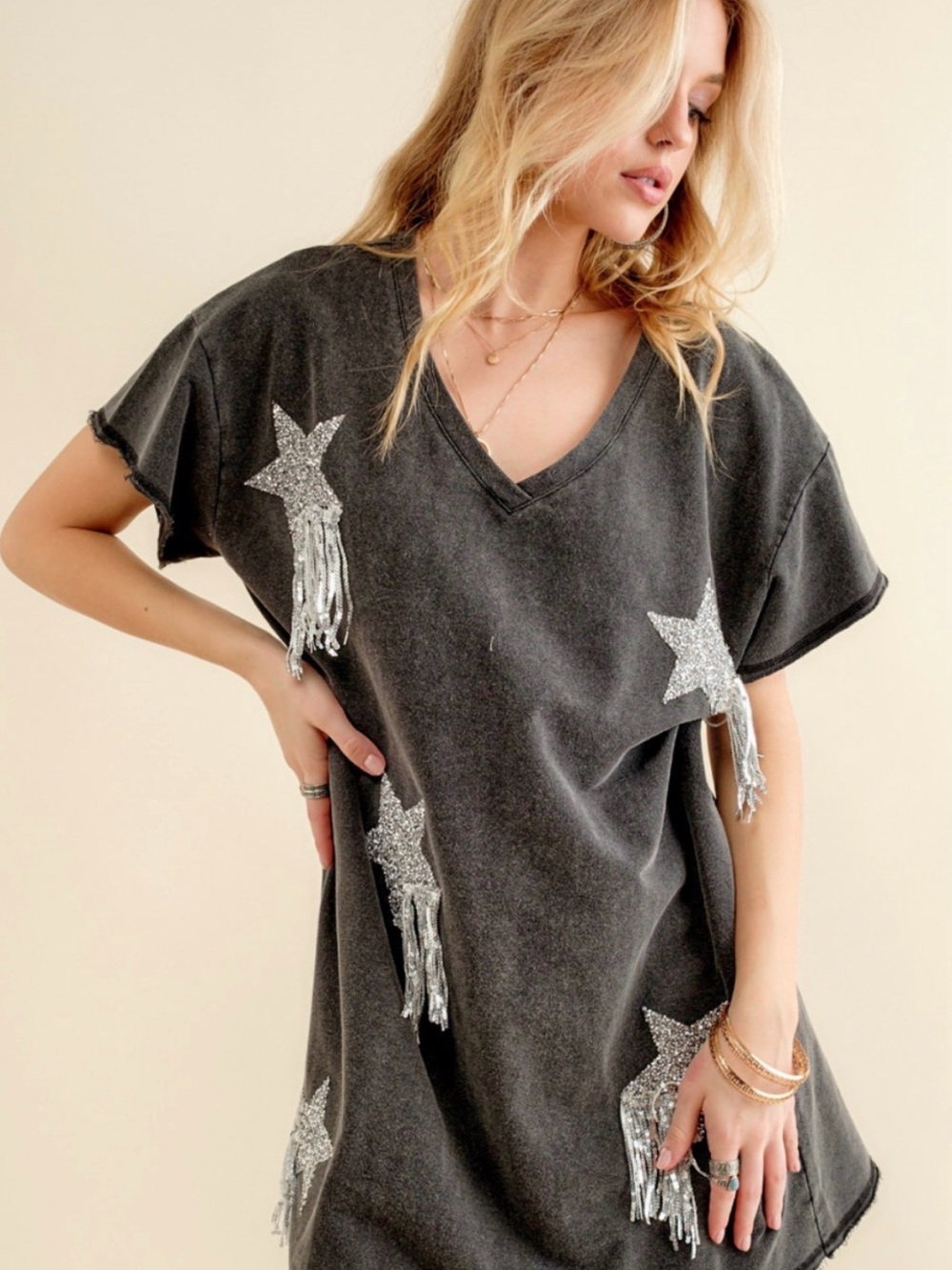 NASHVILLE Charcoal Star Fringe V-Neck Dress